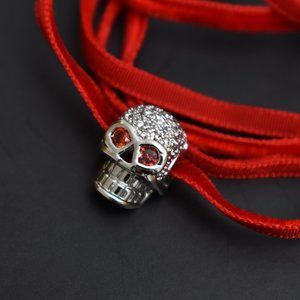 Thin red velvet collar choker necklace with crystal skull charm